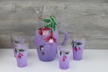 catalog photo of Vintage pitcher & tumblers, lavender purple blendo glass hand painted hummingbird & flowers