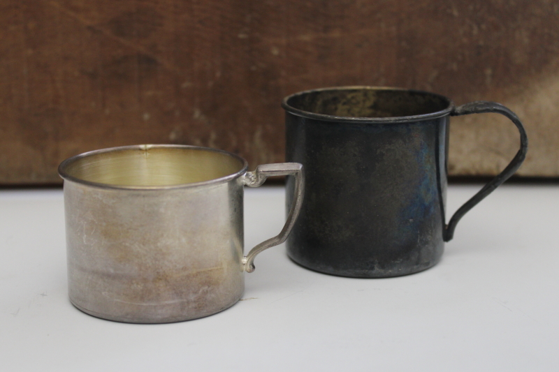 photo of Vintage tarnished silver baby cups, two little mugs vintage silverplate no engraving #1