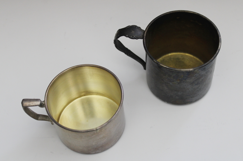 photo of Vintage tarnished silver baby cups, two little mugs vintage silverplate no engraving #2