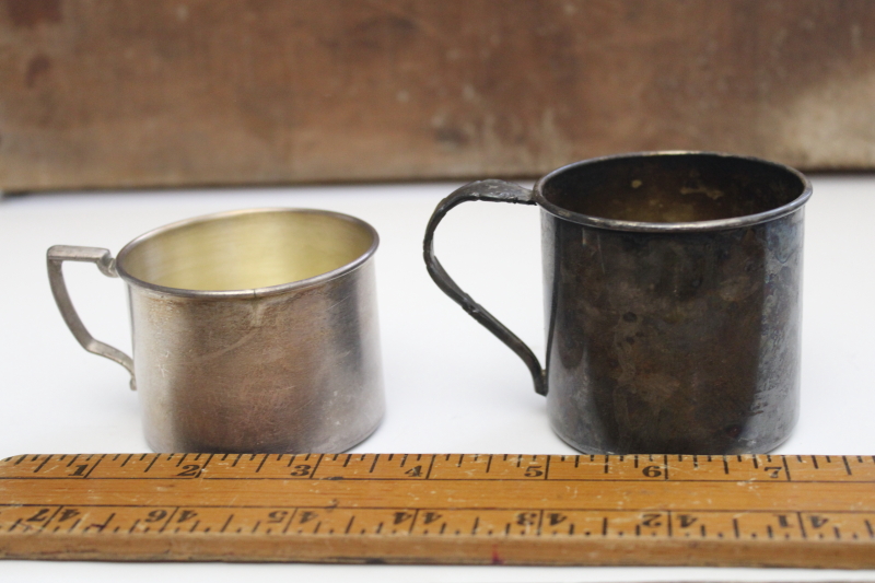 photo of Vintage tarnished silver baby cups, two little mugs vintage silverplate no engraving #5