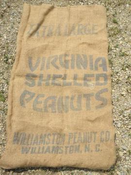 catalog photo of Virginia peanuts bag, vintage Williamston North Carolina burlap sack