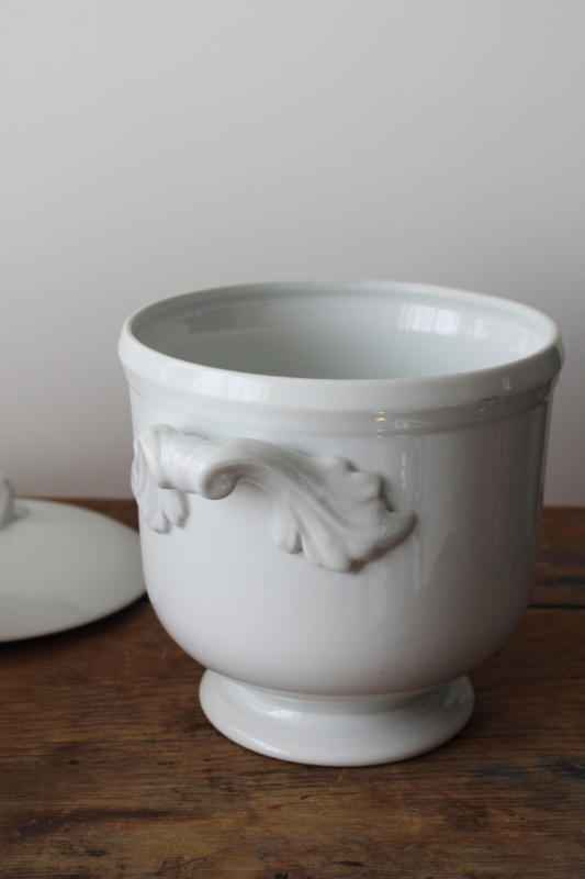 photo of Vista Alegre Portugal all white ice bucket w/ lid, acanthus pattern china, heavy ironstone porcelain  #4