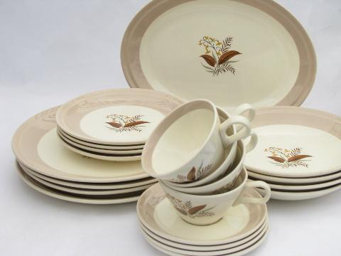 photo of Vogue wildflowers floral / mod tan band, vintage Cunningham & Pickett china for four #1