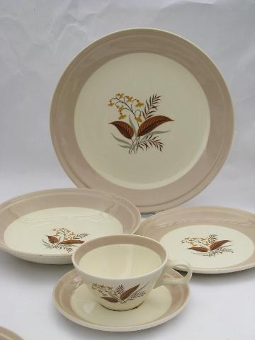 photo of Vogue wildflowers floral / mod tan band, vintage Cunningham & Pickett china for four #2