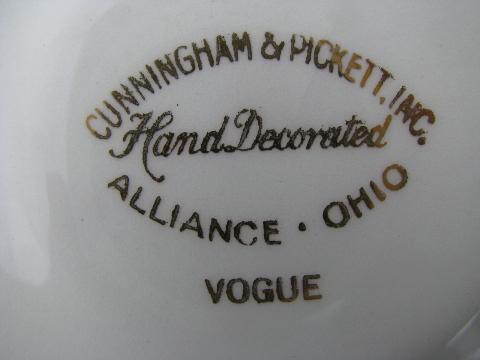 photo of Vogue wildflowers floral / mod tan band, vintage Cunningham & Pickett china for four #5