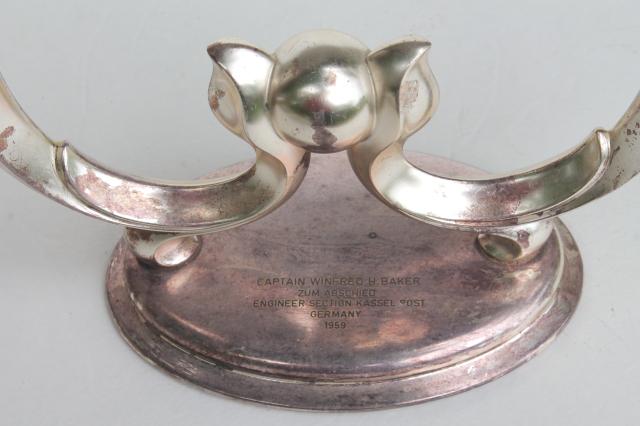 photo of WMF era silver plate trophy, deco mod branched candle holder w/ 1950s vintage inscription #7