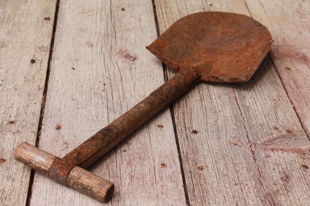 photo of WWI vintage army trench shovel, antique trenching tool, small spade w/ wood handle #7