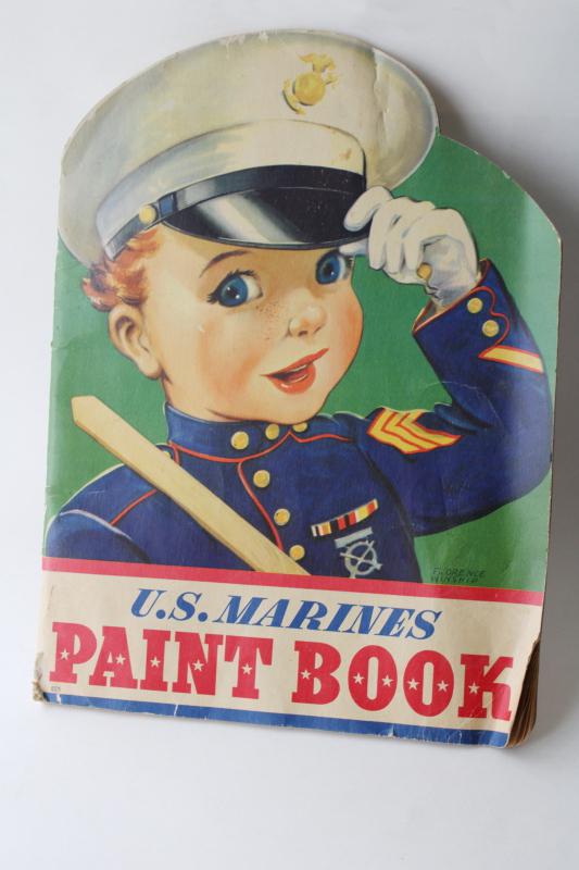photo of WWII 1940s vintage US Marines BIG coloring book, die cut solider uniform boy #1