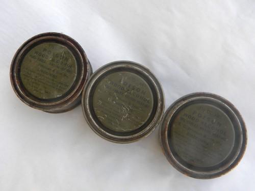 photo of WWII vintage US Army 1-1/2 oz ration tins wood alcohol fuel POISON #2