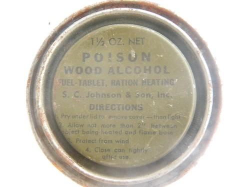 photo of WWII vintage US Army 1-1/2 oz ration tins wood alcohol fuel POISON #4