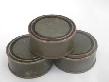 catalog photo of WWII vintage US Army 1-1/2 oz ration tins wood alcohol fuel POISON