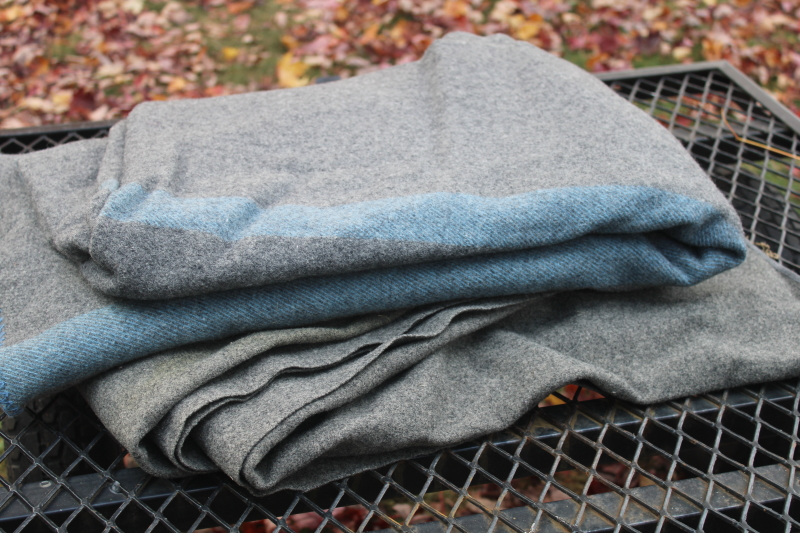 photo of WWII vintage wool army blankets, Australian blue stripe blanket w/ 1943 label, plain gray US  #1