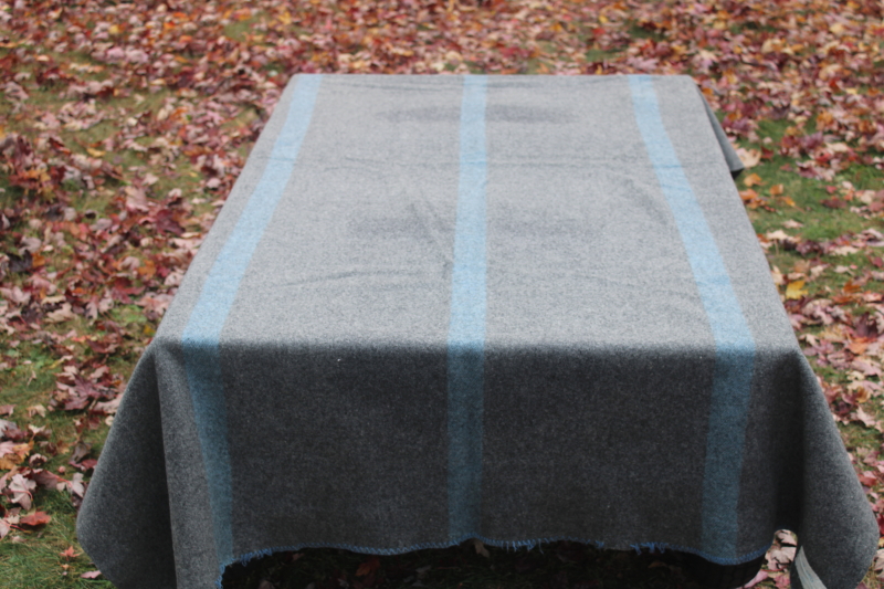 photo of WWII vintage wool army blankets, Australian blue stripe blanket w/ 1943 label, plain gray US  #8