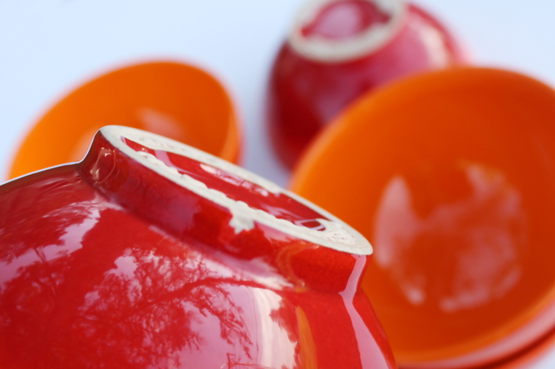 photo of Waechtersbach lava orange red pottery cereal or soup bowls mod vintage Magma pattern #5