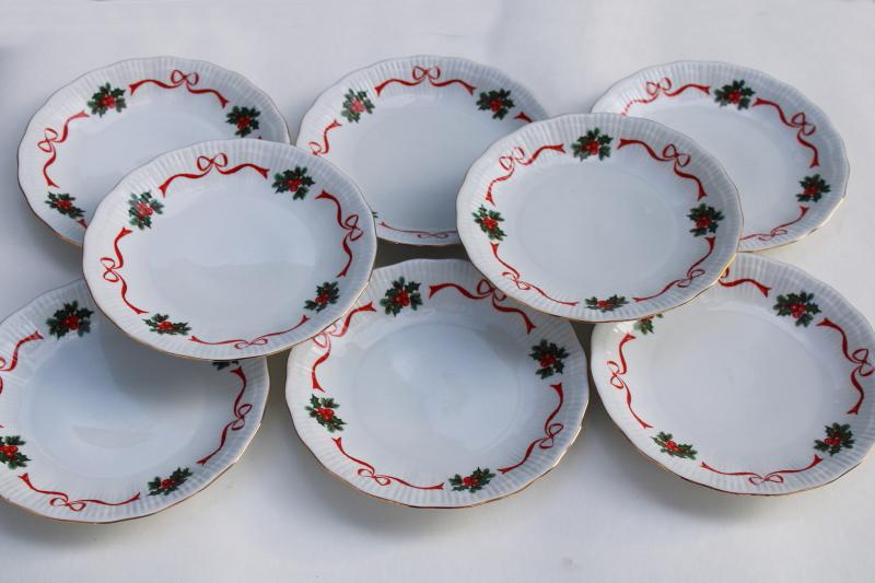 photo of Walbrzych Poland china salad plates set of 8, Christmas holly holiday ribbon #1