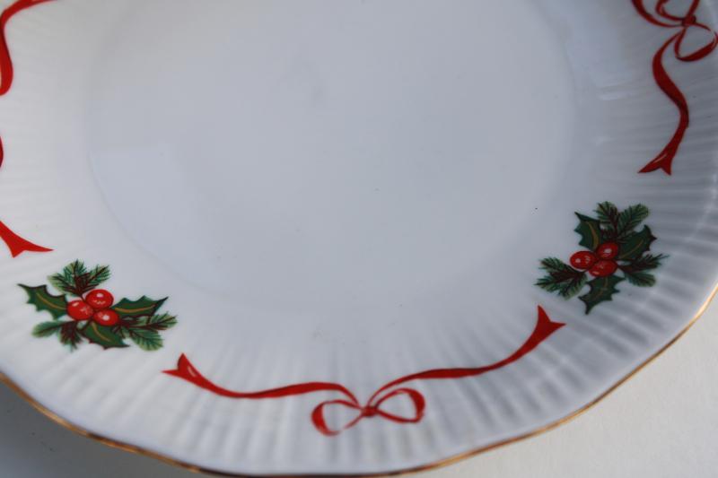 photo of Walbrzych Poland china salad plates set of 8, Christmas holly holiday ribbon #2