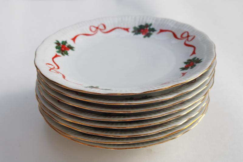 photo of Walbrzych Poland china salad plates set of 8, Christmas holly holiday ribbon #6