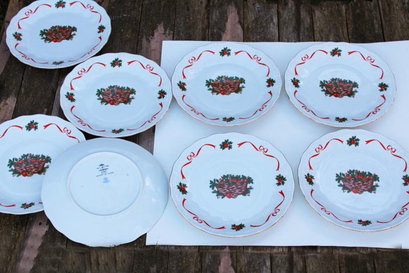 photo of Walbrzych china dinner plates Basket of Cheer Christmas holly holiday ribbon #1