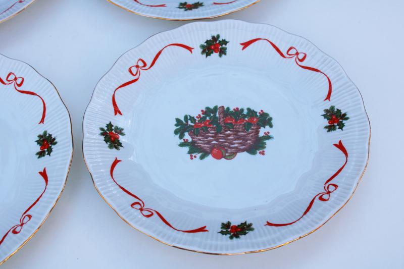 photo of Walbrzych china dinner plates Basket of Cheer Christmas holly holiday ribbon #2