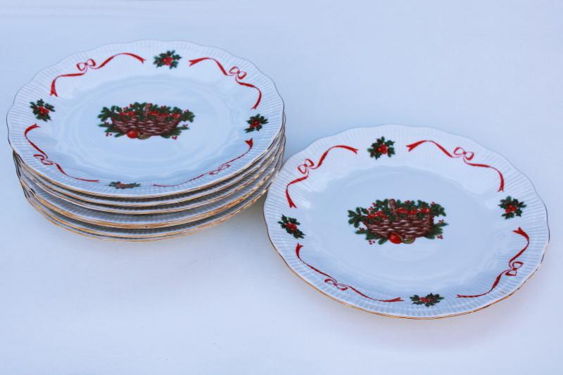 photo of Walbrzych china dinner plates Basket of Cheer Christmas holly holiday ribbon #6