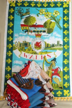 catalog photo of Wales tea towels turned banner flags w/ popcorn ball fringe trim