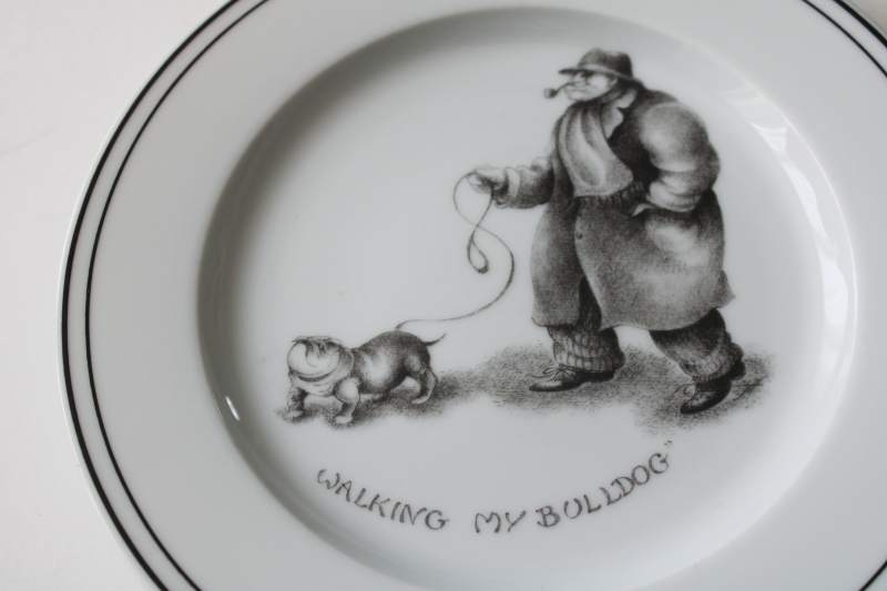 photo of Walking My Bulldog plate short stocky man & dog caricature art Joanna Hansen Limoges for Neiman Marcus  #2