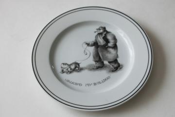 catalog photo of Walking My Bulldog plate short stocky man & dog caricature art Joanna Hansen Limoges for Neiman Marcus 