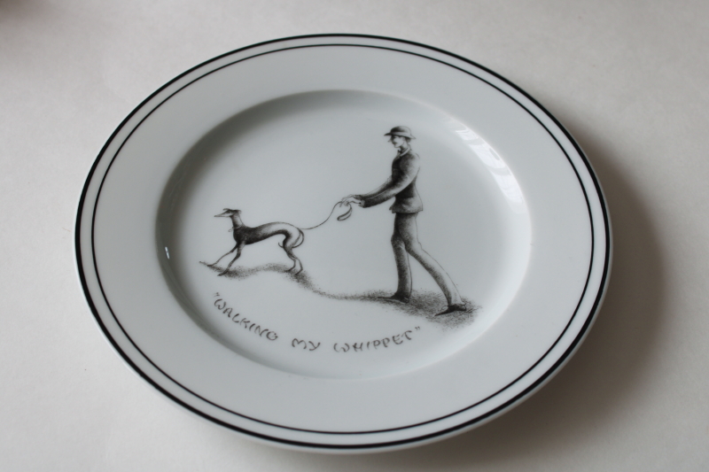 photo of Walking My Whippet plate thin man & dog caricature art Joanna Hansen Limoges for Neiman Marcus  #1