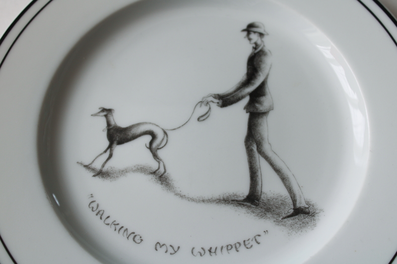 photo of Walking My Whippet plate thin man & dog caricature art Joanna Hansen Limoges for Neiman Marcus #2