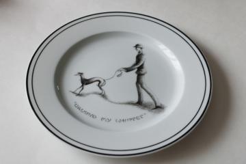 catalog photo of Walking My Whippet plate thin man & dog caricature art Joanna Hansen Limoges for Neiman Marcus 