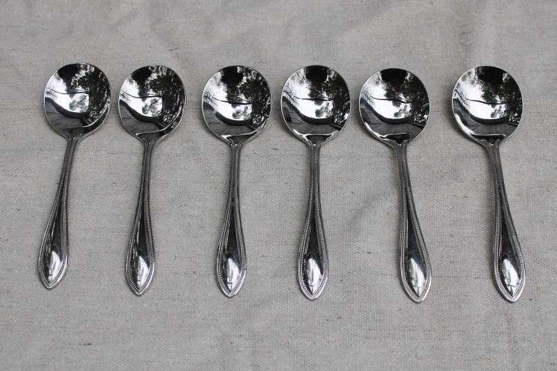 photo of Wallace American Tradition beaded edge pattern stainless flatware, 6 round bowl soup spoons  #1
