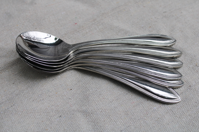 photo of Wallace American Tradition beaded edge pattern stainless flatware, 6 round bowl soup spoons  #3