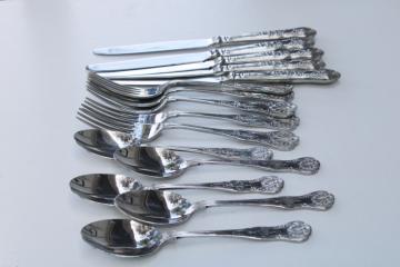 catalog photo of Wallace stainless flatware, Queens shell baroque pattern estate lot dinner forks, knives, soup spoons