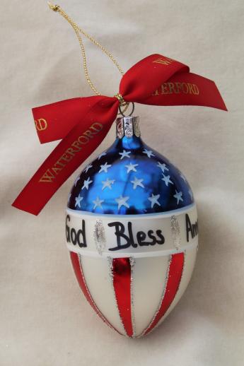 photo of Waterford glass Christmas ornaments, God Bless America flag, red ball & green ball #5