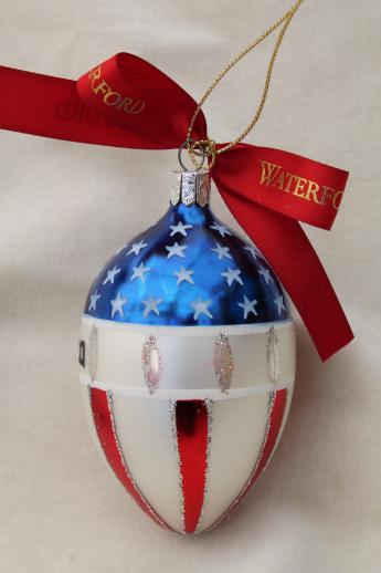 photo of Waterford glass Christmas ornaments, God Bless America flag, red ball & green ball #6