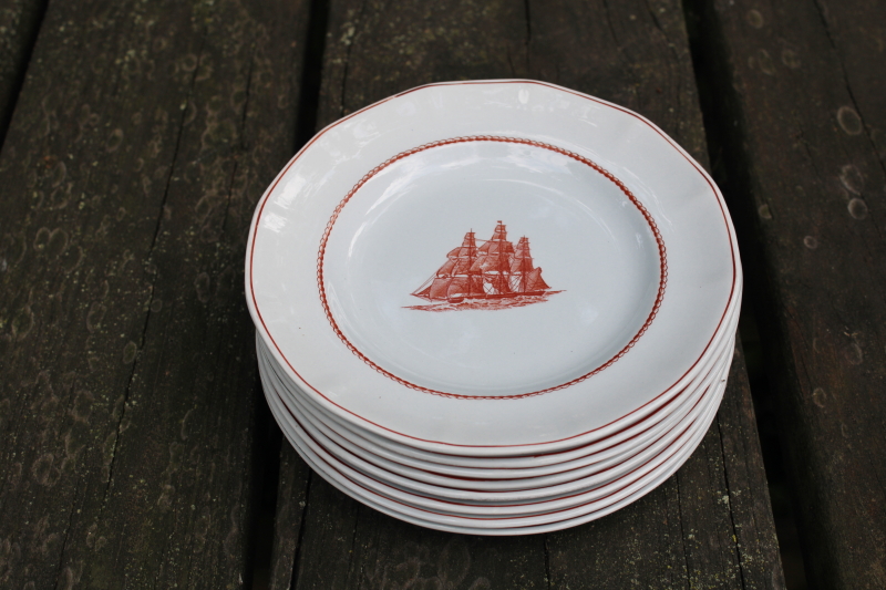 photo of Wedgwood American Clipper ships print vintage ironstone china dessert plates Flying Cloud rare rust color red transferware  #7