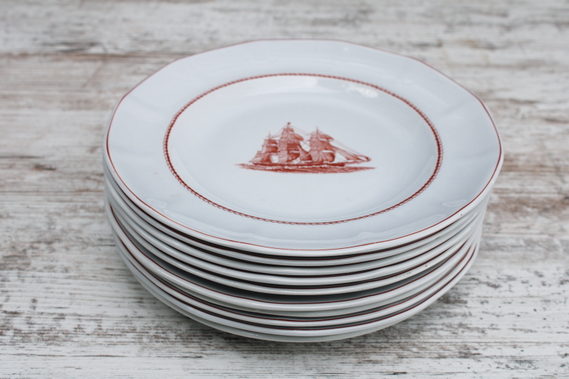 photo of Wedgwood American Clipper ships print vintage ironstone china salad plates Flying Cloud rare rust color red transferware  #7