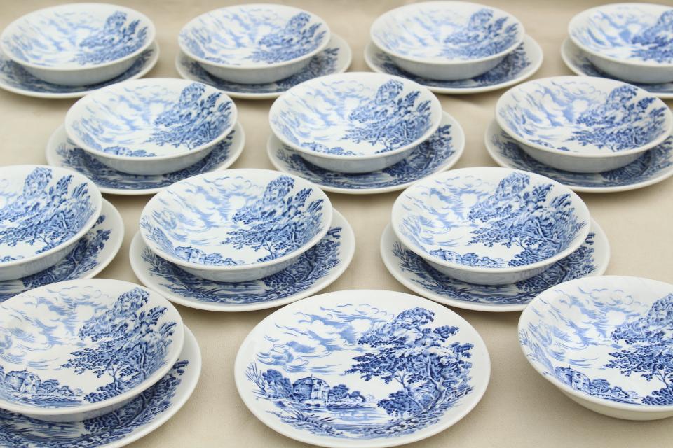 photo of Wedgwood Countryside blue & white china bread & butter plates and fruit bowls #1