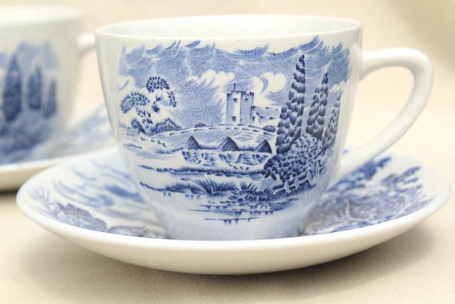 photo of Wedgwood Countryside blue & white china, shabby tea cups & saucers, toile print #2