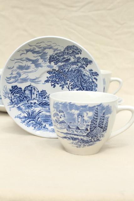 photo of Wedgwood Countryside blue & white china, shabby tea cups & saucers, toile print #3