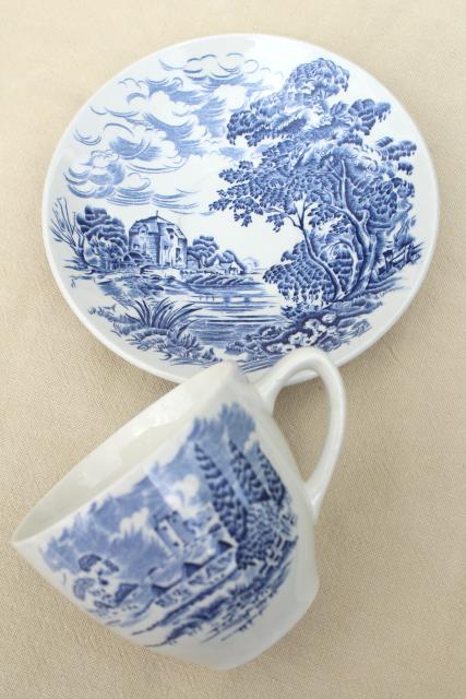 photo of Wedgwood Countryside blue & white china, shabby tea cups & saucers, toile print #5