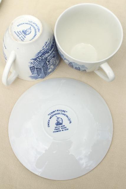 photo of Wedgwood Countryside blue & white china, shabby tea cups & saucers, toile print #6