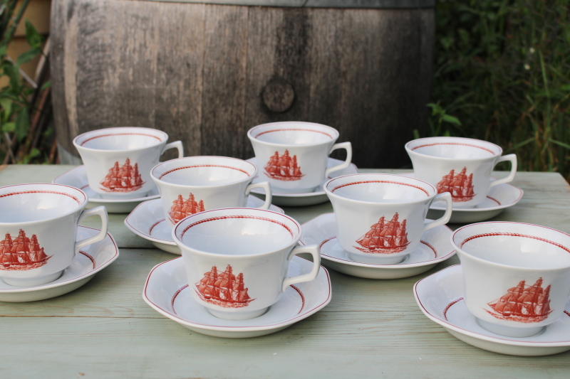 photo of Wedgwood Flying Cloud sailing ships pattern ironstone oversized cups & saucers, vintage china set  #1