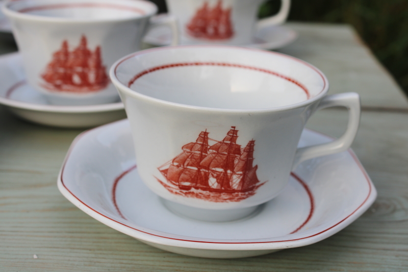 photo of Wedgwood Flying Cloud sailing ships pattern ironstone oversized cups & saucers, vintage china set  #2