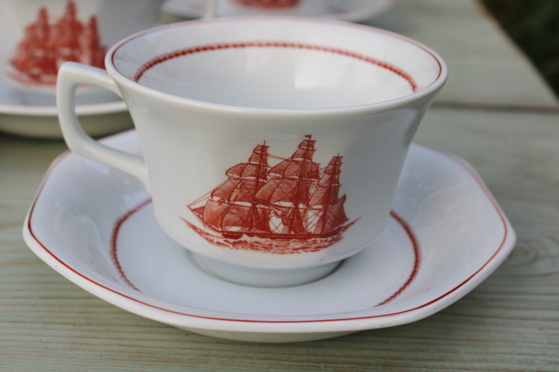 photo of Wedgwood Flying Cloud sailing ships pattern ironstone oversized cups & saucers, vintage china set  #3