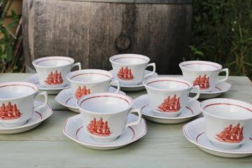 catalog photo of Wedgwood Flying Cloud sailing ships pattern ironstone oversized cups & saucers, vintage china set 