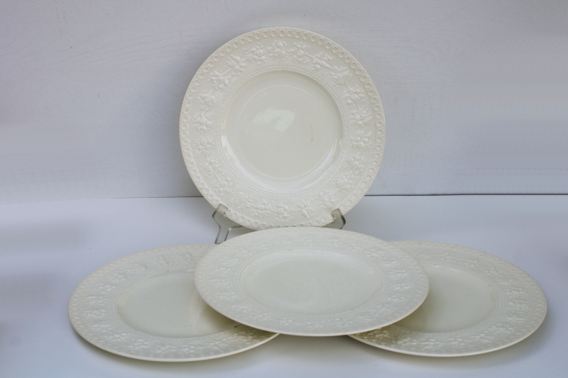 photo of Wedgwood Wellesley embossed border creamware white dinner plates, mid century vintage #1