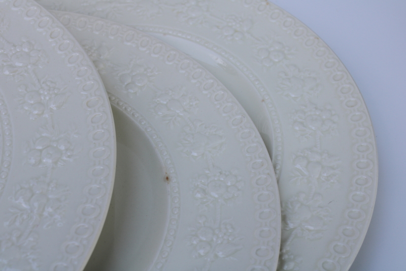 photo of Wedgwood Wellesley embossed border creamware white dinner plates, mid century vintage  #3