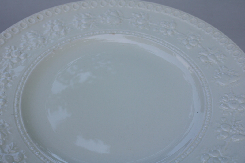 photo of Wedgwood Wellesley embossed border creamware white dinner plates, mid century vintage  #4
