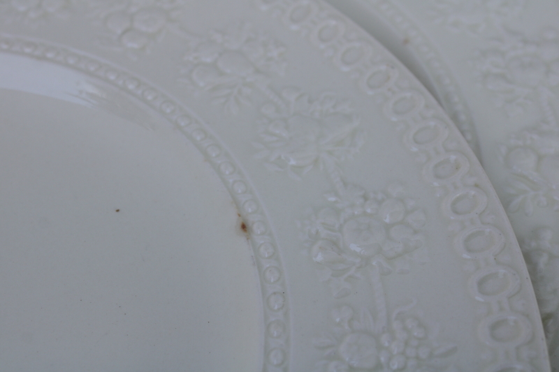 photo of Wedgwood Wellesley embossed border creamware white dinner plates, mid century vintage  #5